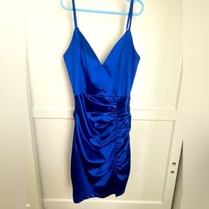 Spaghetti Strap V-Neck Ruched Satin Bodycon Dress